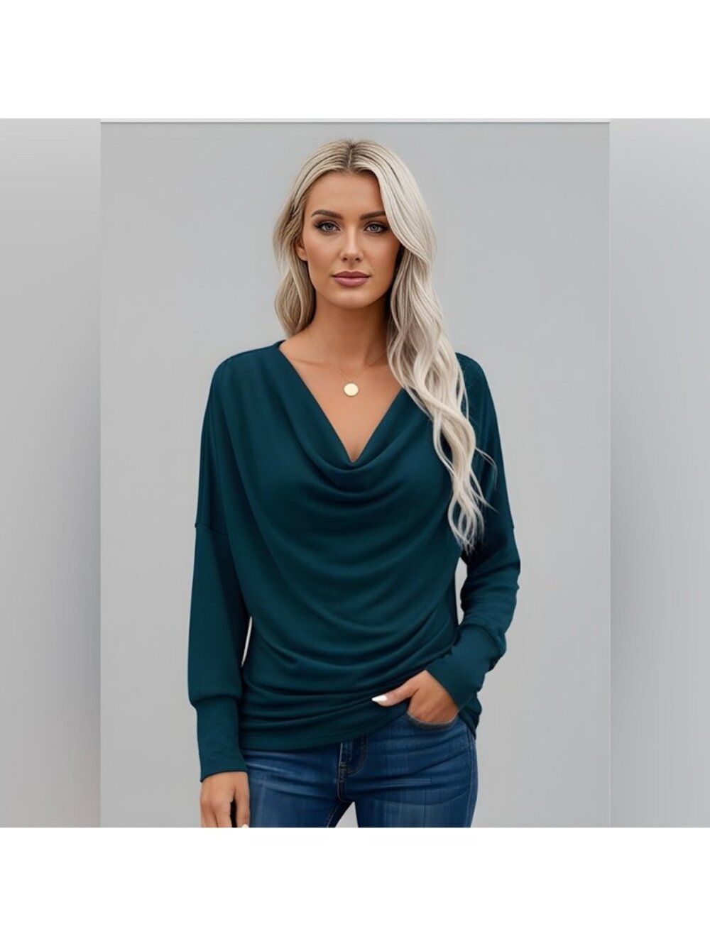 Draped Collar Ruched Knit Tee Teal Blue